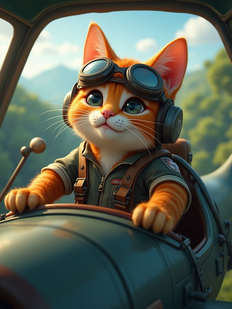 Anthropomorphic cat pilot in airplane cockpit. Cat wears pilot's uniform and goggles. Airplane flies over jungle. Natural scenery surrounds cockpit. Cat appears focused on flying.