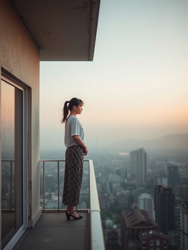 A woman stands contemplatively on a high-rise balcony, gazing out over a sprawling cityscape at dawn. The soft hues of the morning light cast a serene atmosphere, reflecting off the distant buildings. Her poised stance and the vastness of the view evoke a sense of introspection and tranquility.