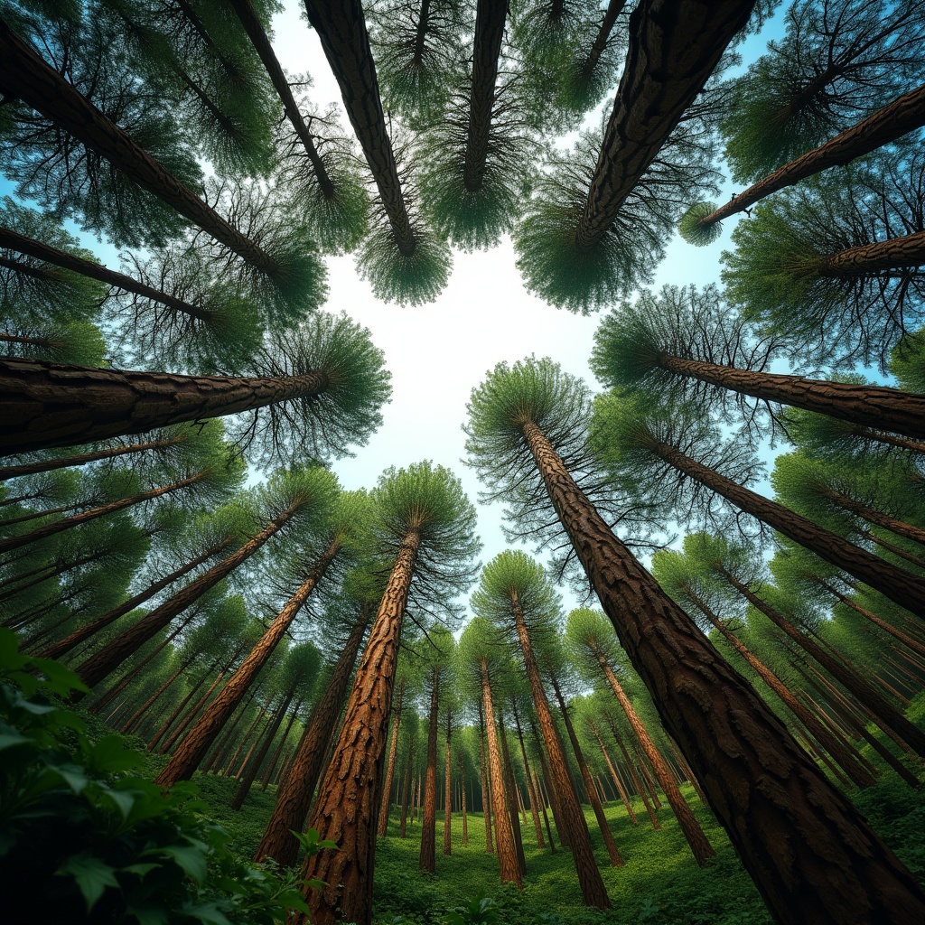 The image depicts a breathtaking view of a forest canopy filled with tall trees. The perspective is from the ground looking up, capturing the majestic height of the trees that seem to reach for the sky. This panoramic shot showcases the lush green foliage against a light blue background. Sunlight filters through the branches, highlighting the textures of the tree bark and the vibrant greenery. It embodies themes of nature conservation and sustainability, reminiscent of eco-conscious movements.