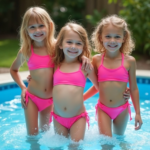 Three slim cute smiling girls wearing pink bikini bathing suits playing in a kiddy pool. They are splashing and joyful in the backyard.