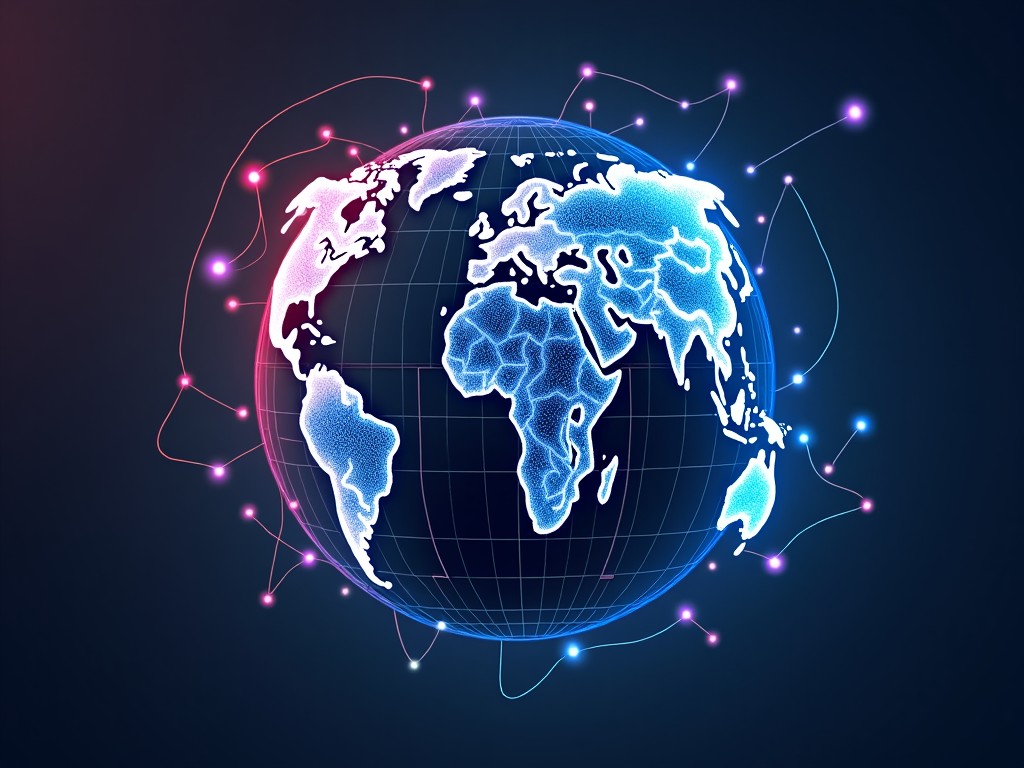 The image depicts a digital representation of Earth, showcasing a modern and futuristic view. The globe is designed with glowing lines and dots, symbolizing connectivity and technology. The continents are highlighted in a neon blue color against a dark background. There are subtle pink and purple elements that add depth and intrigue. The overall aesthetic is sleek and suitable for tech-related themes.