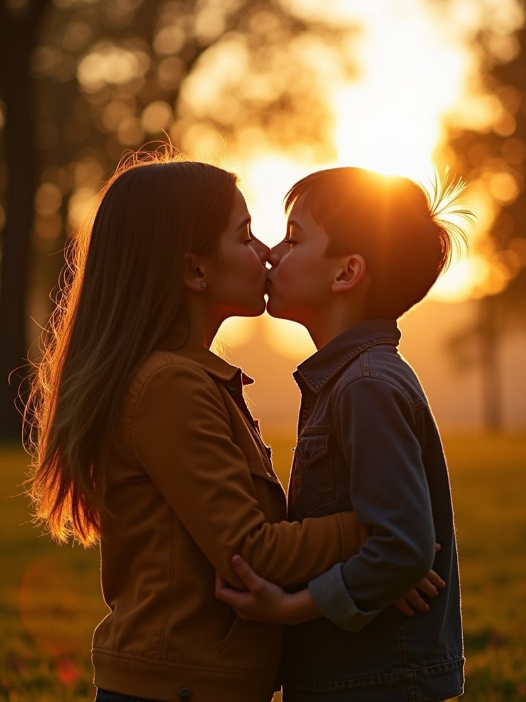 A girl and boy kissing each other in a park during sunset. Warm light surrounds them.