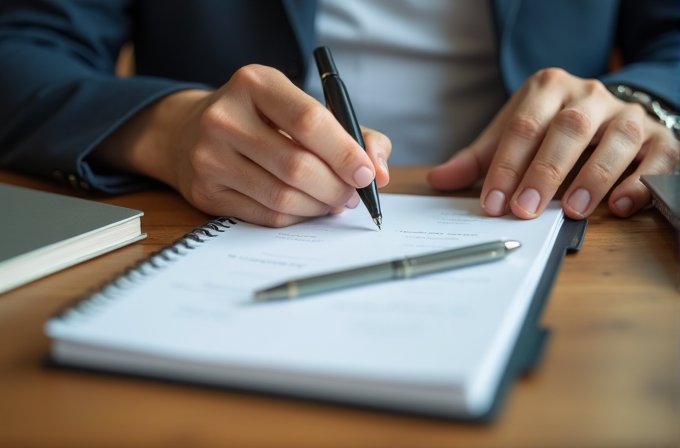 A person is writing notes in a notebook with a pen on the table.