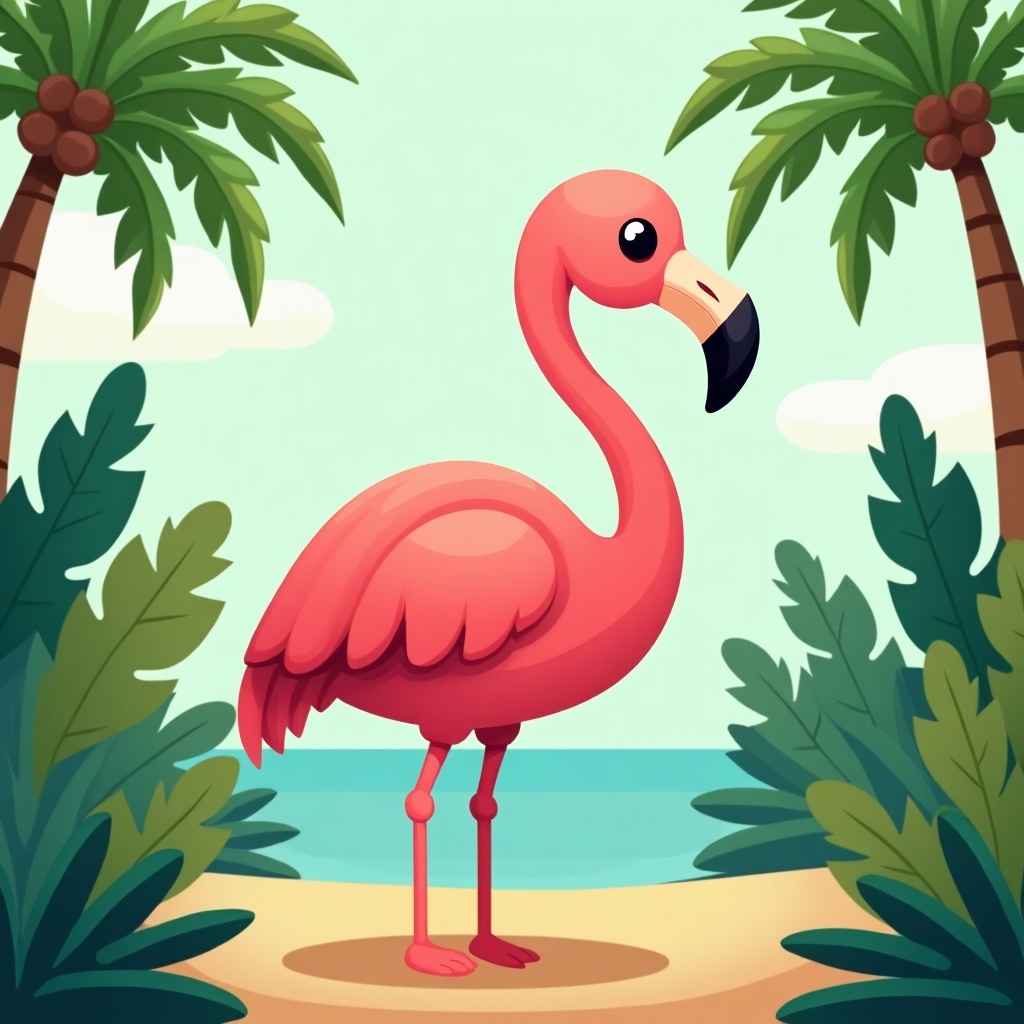 Cartoon-style flamingo stands in lush tropical environment. Green foliage surrounds flamingo. Palm trees are in background. Bright sunny setting.