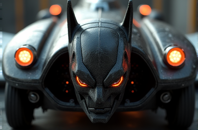 The image shows a sleek, futuristic car with a front designed to resemble a bat-like mask, featuring glowing orange lights.