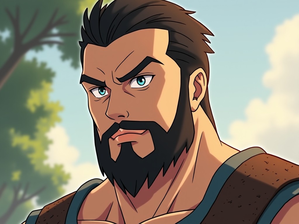 This image features a tall, muscular man with a rugged appearance. He has pale blue eyes that glint warmly, giving him a heroic vibe. His short, slicked-back dark brown hair complements his strong jawline, adorned with a full beard. The character is dressed in a warlike attire, hinting at his background as a warrior. The overall style is anime-themed, capturing a blend of strength and charm, set against a natural backdrop.