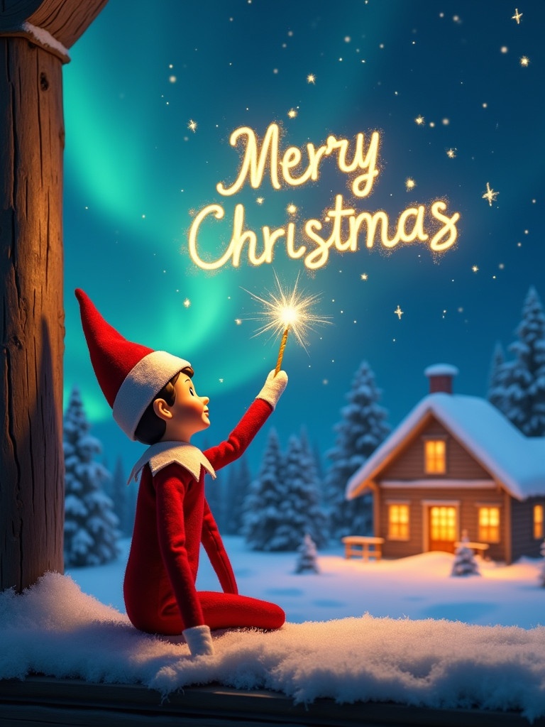 An elf on the shelf sits with its back to the viewer. The elf gazes skyward while holding a glowing wand. A charming Christmas scene is shown with colorful northern lights. A cozy house can be seen in the distance. Snow is on the ground. The elf embodies magic and wonder of Christmas. The name ‘Merry Christmas Milan, Rodrigo, Angellee and Delilah’ appears in the air from the wand.