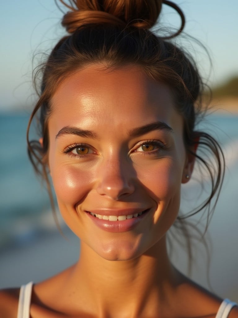 Image shows a woman with a sun-kissed complexion and confident gaze. Her hair styled in a messy top knot. Ambient lighting highlights features against a serene background.