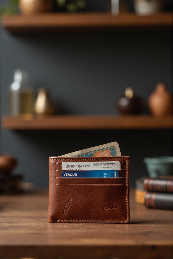 A brown leather wallet with cards and currency inside, set on a wooden table with a blurred background of shelves holding various decorative items.