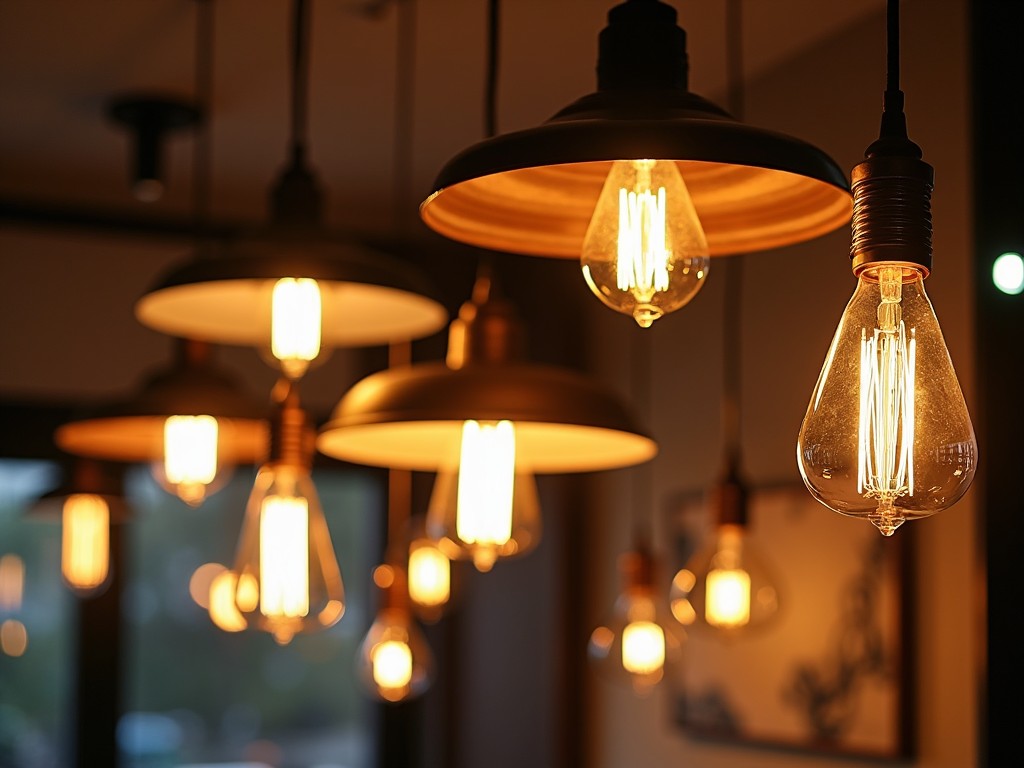 Image of hanging vintage-style Edison light bulbs glowing warmly in a dimly lit room.