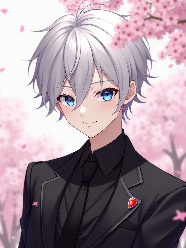 Stylish young male character with silver hair and bright blue eyes. Wears sleek black suit with black tie and red gem. Background features pink cherry blossoms. Character exudes confidence and charm, creates modern artistic appeal.