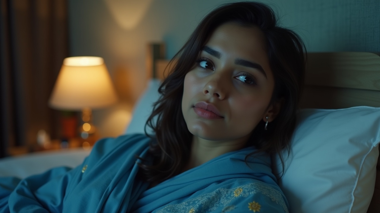 This image captures a beautiful young woman in her bedroom. She is wearing a blue saree and appears to have just woken up. The soft, warm lighting creates a cozy atmosphere, and her fair skin looks radiant without any makeup. She gazes thoughtfully, resting on her bed. The overall mood is calm and reflective, making it a perfect representation of morning tranquility in Mumbai.