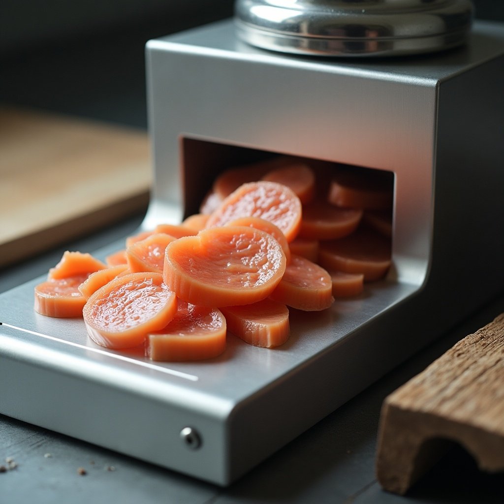 A machine cuts food into slices. Sliced pieces of food exit the machine. A wooden piece rests beside the machine. Digital rendering of kitchen equipment. Inspired by Dahlov Ipcar.