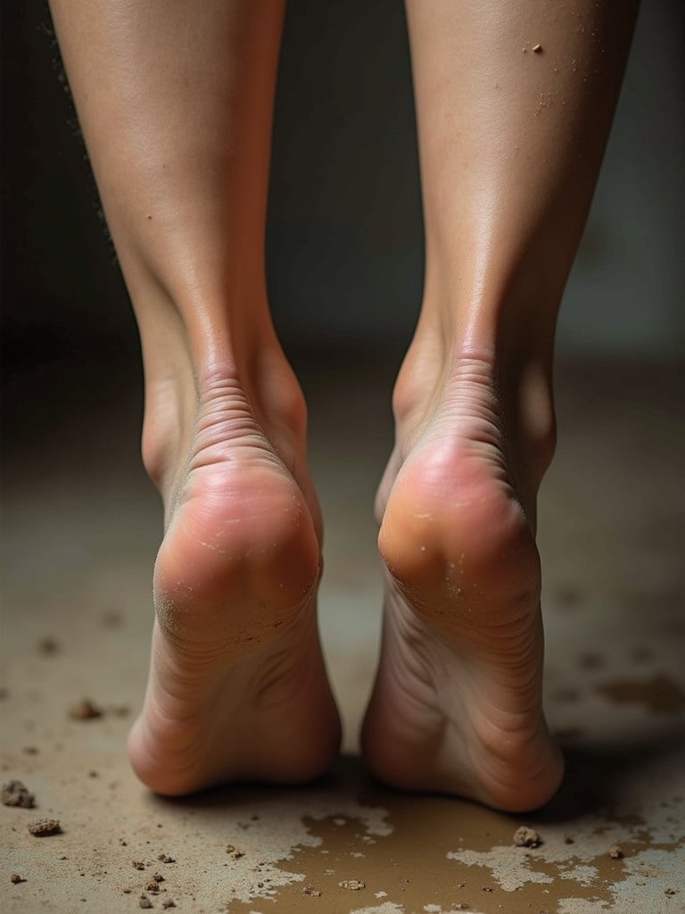 Close-up of dirty feet. View of soles showing skin details. Ground surface beneath feet. Soft lighting creates a gentle ambiance. Natural pose focuses on lower part of legs.