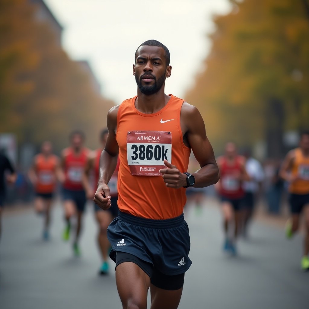 Visual of a marathon runner showcasing recovery from addiction. Action-oriented scene in an urban setting. Focus on determination and strength with a supportive atmosphere.