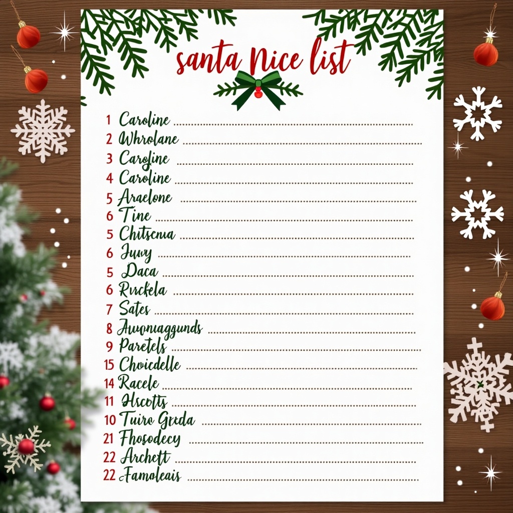 Santa's nice list displayed with names written on it. Decorations include holly and festive elements. Background features a Christmas tree and snowflakes.