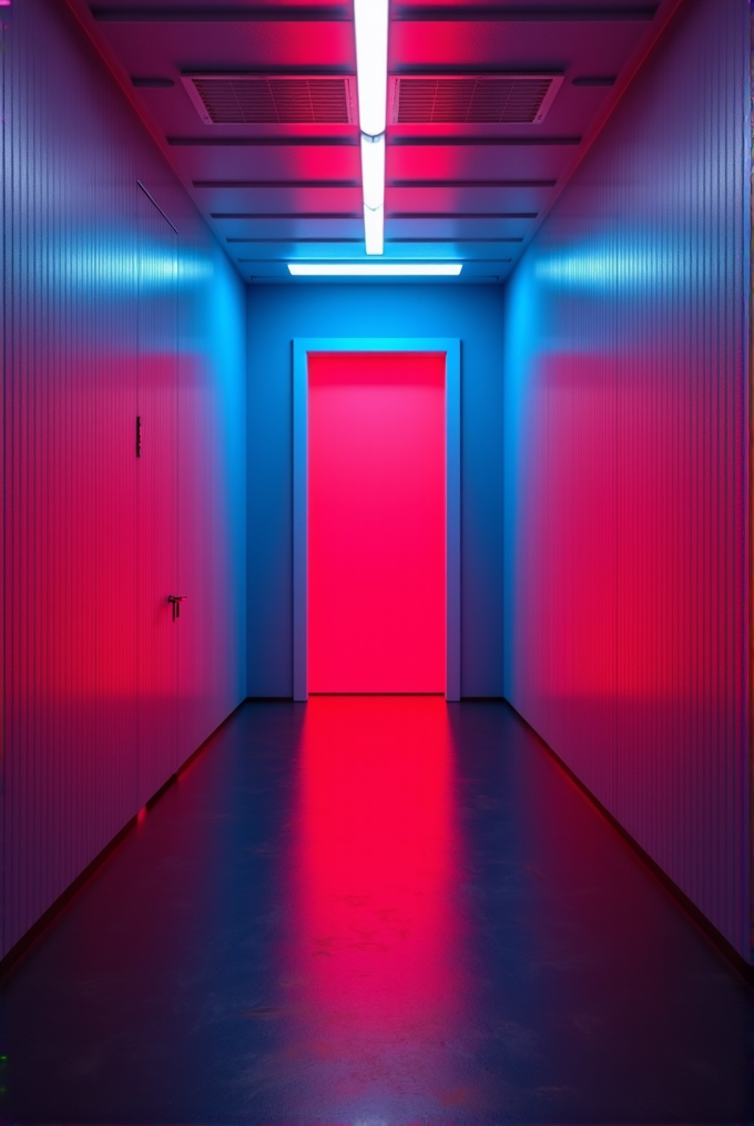 A vibrant corridor lit by contrasting blue and pink neon lights, creating a futuristic atmosphere.