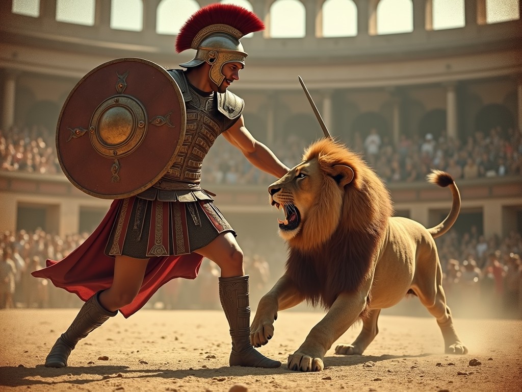 This dramatic image portrays a Roman gladiator intensely facing a lion in the center of an ancient arena. The gladiator, armed with a shield and spear, is shown in a powerful stance, ready to engage the roaring lion. The background reveals a blurred audience in an amphitheater, creating a sense of historical grandeur and tension.