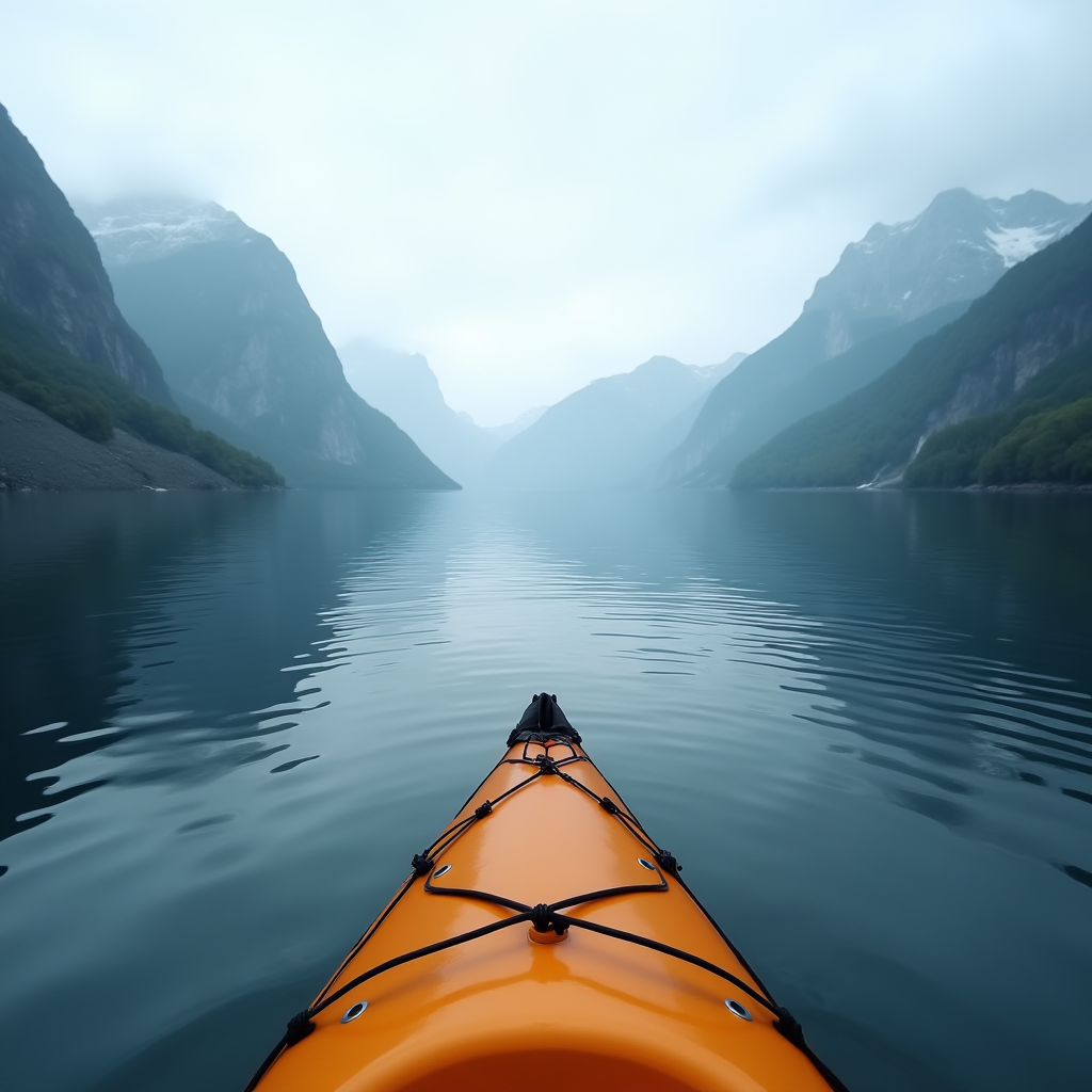 A vibrant orange kayak glides through a tranquil, misty fjord surrounded by majestic mountains.