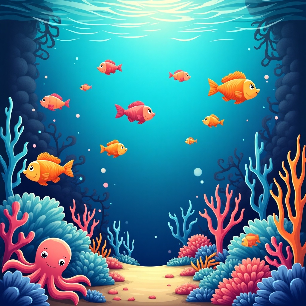 The image depicts a vibrant underwater scene full of life. Colorful fish swim gracefully in a clear blue ocean. An octopus is prominently featured among the coral at the bottom. The coral reefs are abundant and diverse, showcasing various shapes and colors. Light filters down from the surface, creating a serene environment. This cartoon-style illustration is lively and inviting, perfect for children's educational contexts or decorative purposes.