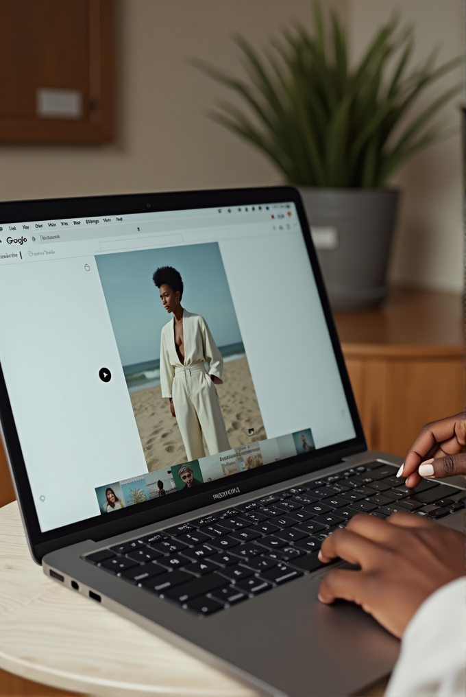 A person uses a laptop to view an image of a model in a white outfit on a beach.