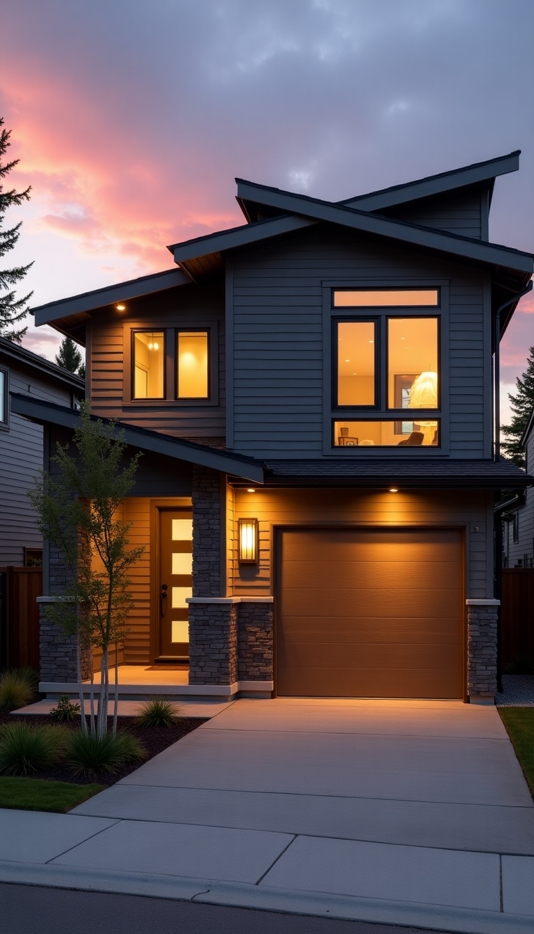 A modern house with sleek design set against a stunning sunset panorama. The exterior features earthy neutral colors, with warm lights illuminating the entrance and driveway. The house showcases a contemporary style, with large windows that invite natural light. The driveway leads up to a garage, emphasizing the home's practicality. Surrounding the house are trees that complement the modern architecture, creating a harmonious blend with the environment.