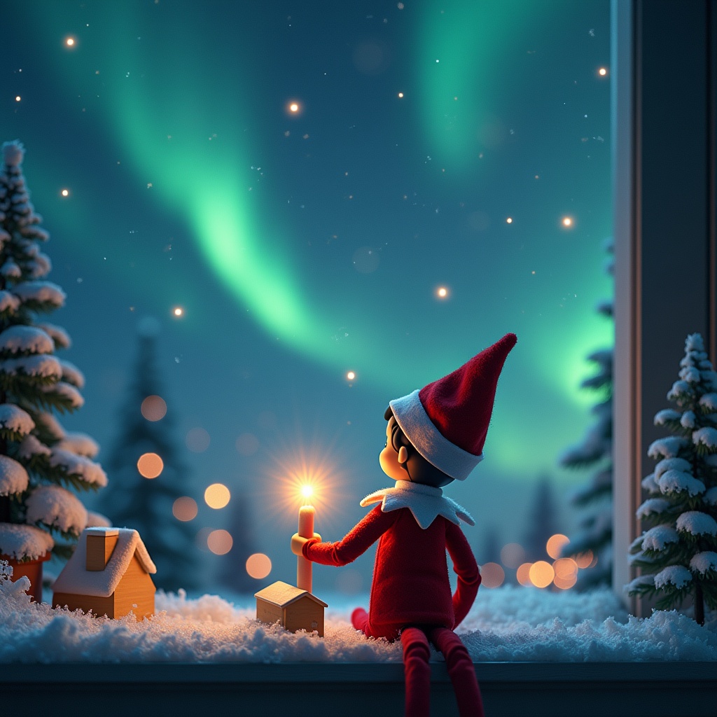 An elf on the shelf sits with his back facing the viewer, looking up at a magical night sky. He is using a wand to write a message in the air that reads, 'Lucy, I'm coming back'. The background features a stunning display of northern lights illuminating the sky. Below the window, small houses and snowy trees create a cozy scene. The atmosphere is enchanting and festive, evoking the joy of the holiday season. This image captures the essence of Christmas magic through the eyes of a child.