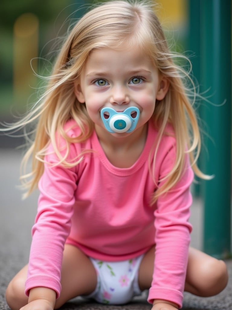 Seven year old girl with long blond hair wearing a pink long sleeve shirt playing at the playground. She is sitting on the ground with a diaper and has a pacifier in her mouth. Velcro strapped shoes are worn. Parents are nearby.