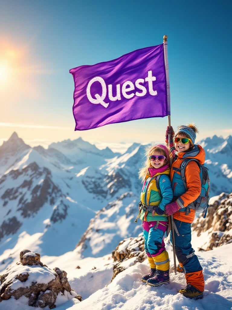 Two young climbers on snowy Everest peak. They hold a purple flag. The flag reads Quest prominently. They wear colorful climbing gear. The scene captures their joy and pride. Sunlight creates a golden glow around them. Breathtaking mountain views stretch across the background. The image represents adventure and childhood dreams.