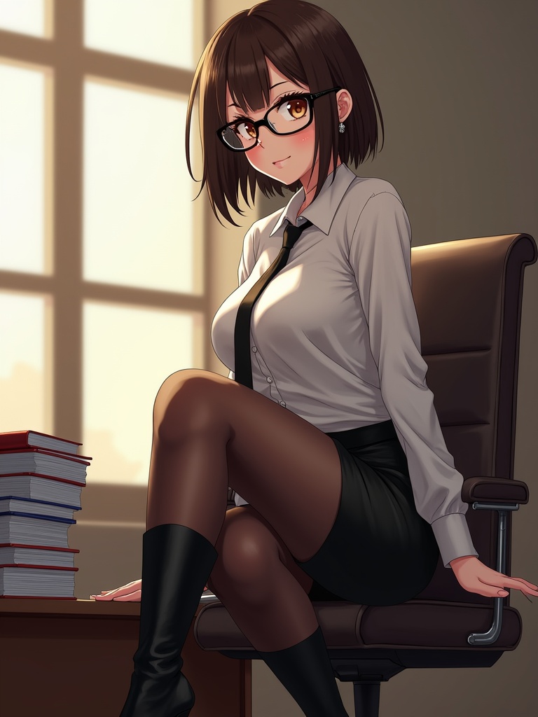 This illustration features an anime-style character, a woman with short brown hair and glasses, seated on an office chair. She is dressed in a professional outfit consisting of a white shirt and a dark skirt, exuding an approachable yet formal demeanor. A soft, warm light streams through a large window in the background, casting gentle shadows that enhance the serene atmosphere.