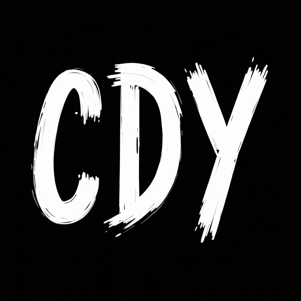 The image displays letters CDY against a black background. The letters appear hand-painted with a bold brushstroke style. White letters create contrast with dark backdrop. Rough edges and thickness evoke an artistic energetic feel.