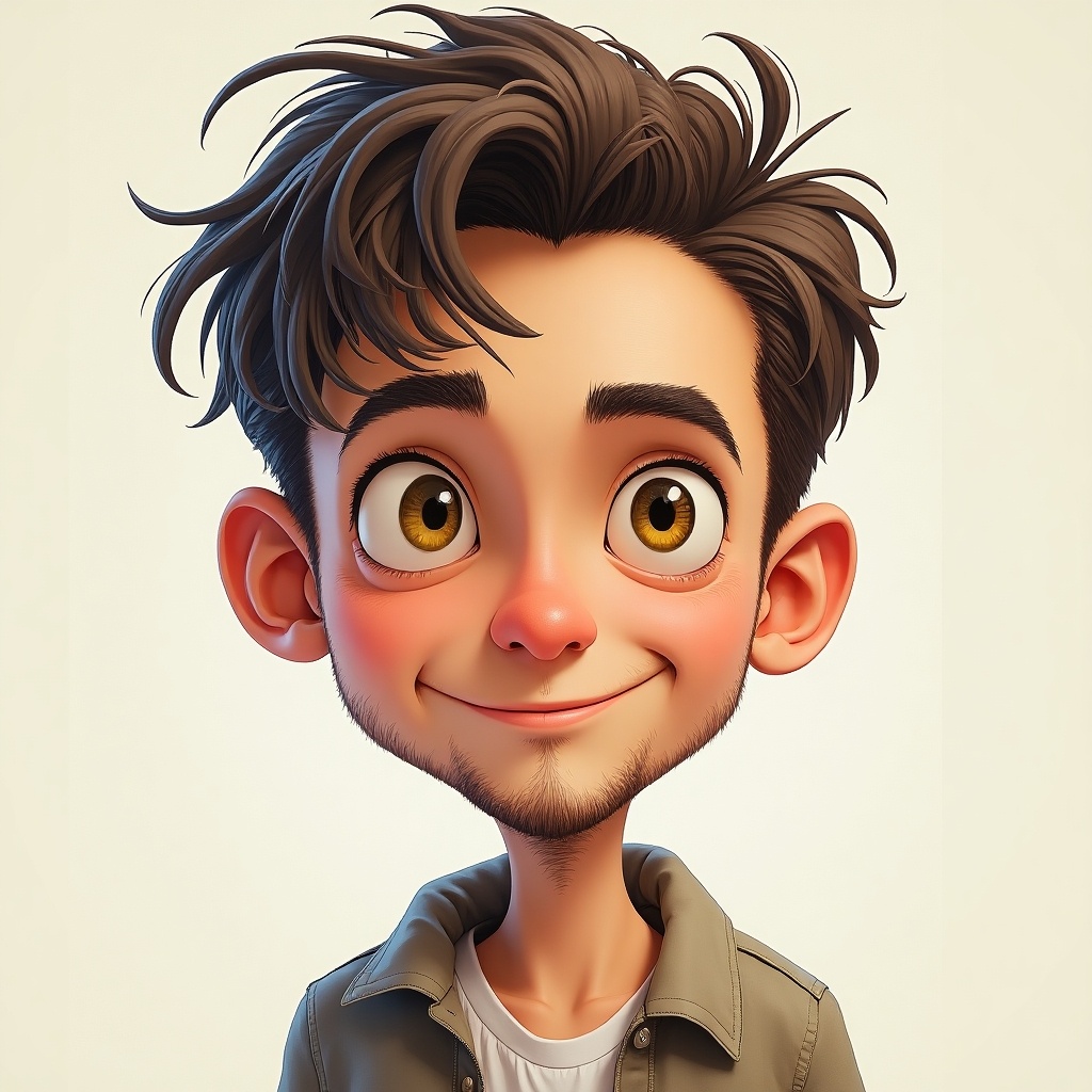 Cartoon character with a stylish hairstyle and casual clothing. The character has an inviting appearance. Background is a neutral color for emphasis.