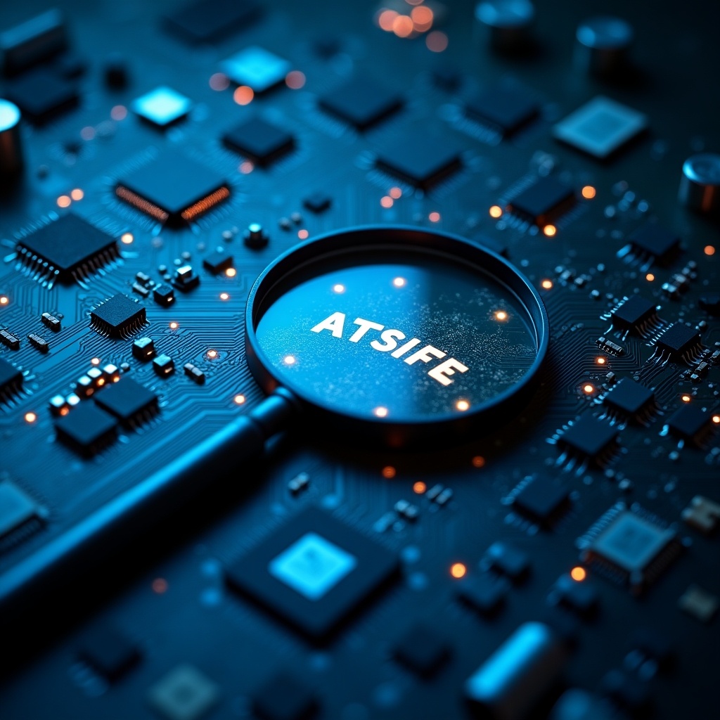 Close-up of a circuit board with a magnifying glass. The lens shows the word ATSIFE among circuitry. Includes microchips and LED lights. Dominant colors are blue and silver. A detailed tech search operation.