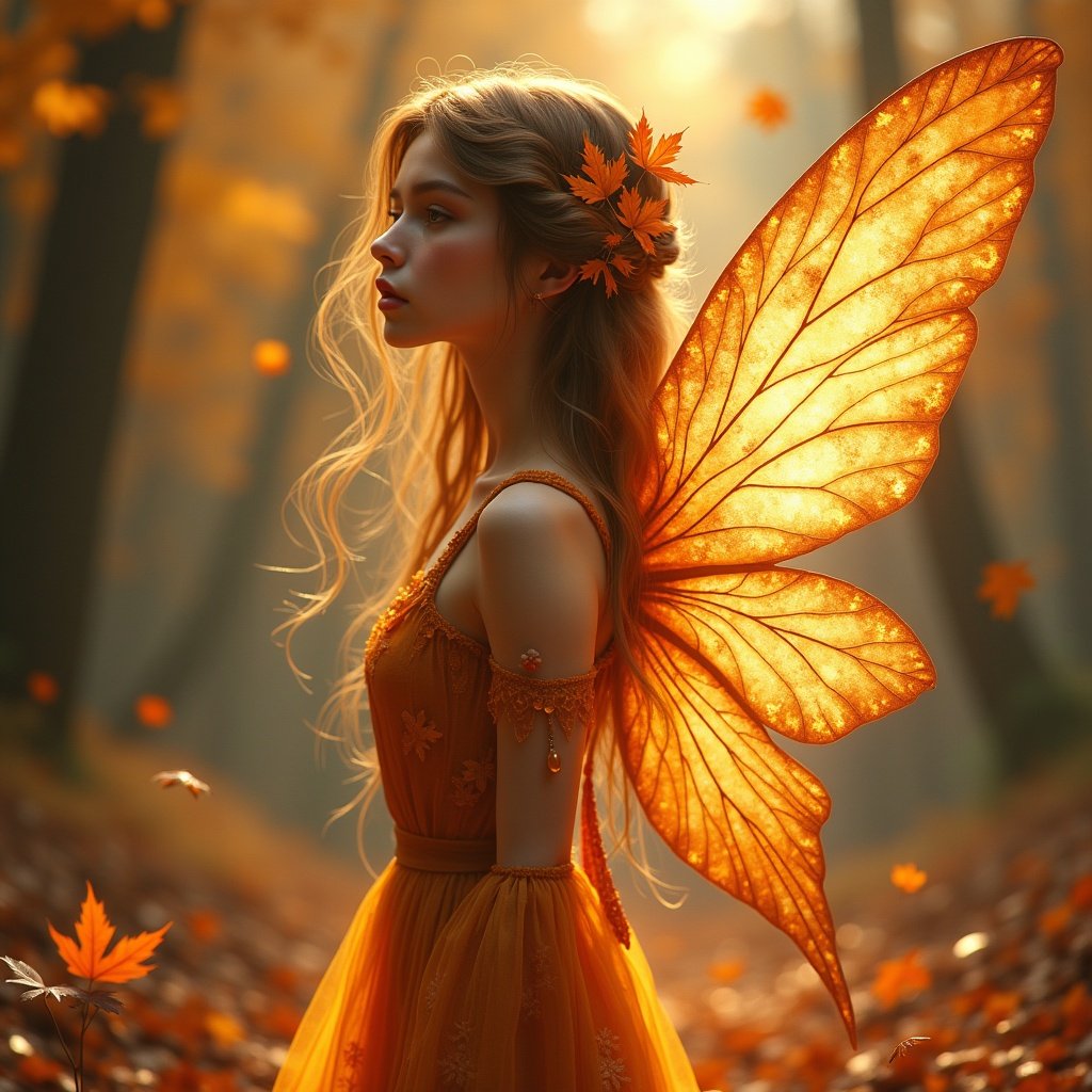 This image features a beautiful fairy standing gracefully in an ethereal autumn setting. She has glowing wings that shimmer with amber colored light, creating a magical atmosphere. Her flowing brown hair is adorned with delicate maple leaves. The fairy’s dress is made of delicate fabric with intricate autumn patterns, softly draping around her figure. Her presence evokes a sense of warmth and elegance. The background is softly blurred, enhancing the dreamlike quality of the scene.