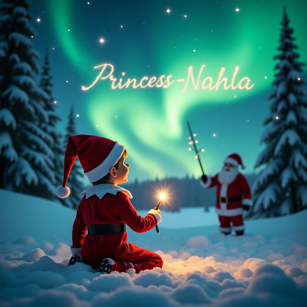 The image showcases a child dressed as an elf, sitting in a snowy landscape under a stunning display of northern lights. The child holds a wand-like object that emits a soft light. The trees around are covered in snow, creating a serene winter atmosphere. The sky is an enchanting mix of greens, blues, and stars, evoking a sense of magic and wonder. In the distance, Santa Claus can be seen, adding to the festive atmosphere and warmth of the scene, which is beautifully illuminated with glowing decorations.