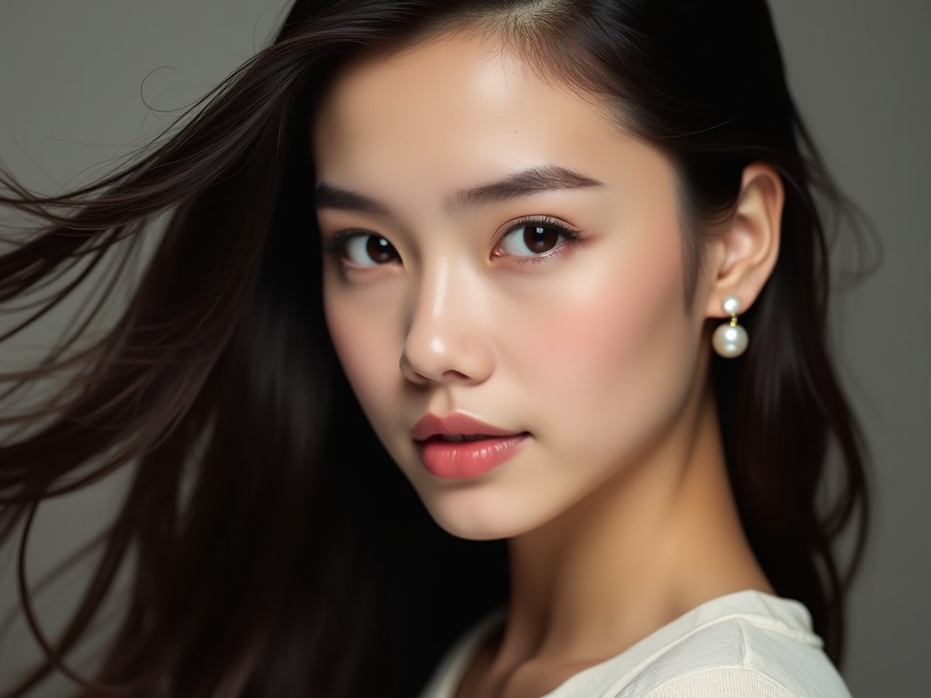 The image portrays a young woman with a serene expression, adorned in subtle makeup. Soft lighting casts gentle shadows, adding depth to her complexion. Her flowing dark hair frames her face elegantly. A delicate pearl earring adds a touch of sophistication. The overall ambiance is calm and inviting, making the viewer appreciate the beauty and grace of the subject.