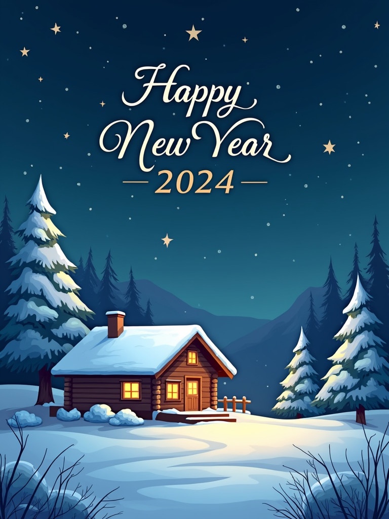 A cozy cabin surrounded by snow-covered pine trees in a night scene. The cabin has warm lights glowing from its windows. The sky is full of stars and a message wishing a Happy New Year 2024 is written elegantly above the cabin.