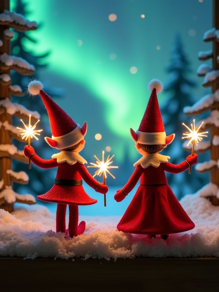 Christmas scene features two elves with backs to viewer. Dressed in red and white costumes. Each holds a magic wand. One writes scripted goodbye to autumn. Other writes will miss you in glowing letters. Background displays vibrant northern lights. Snowy trees surround festive moment. Reflects joyous holiday spirit.