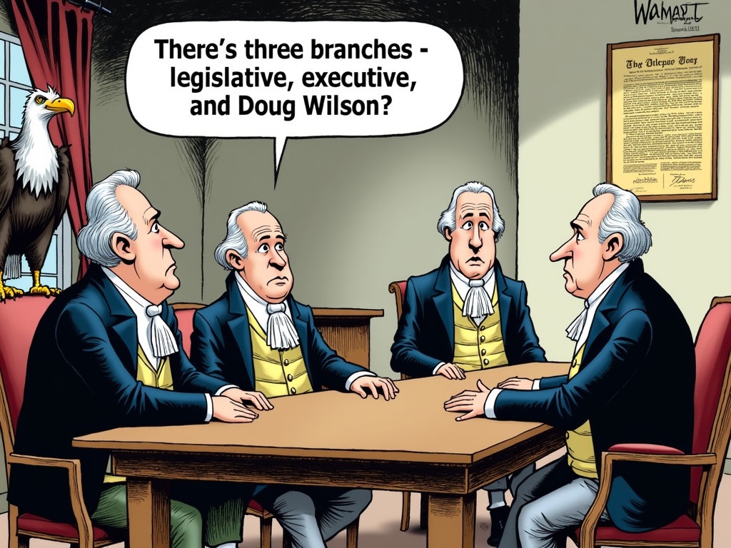 Four Founding Fathers at a table in a historical room. They wear 18th-century attire and powdered wigs. One speaks puzzled about three branches of government. Other men show surprise. An eagle and a Declaration of Independence are in the background. The tone is humorous with exaggerated expressions.