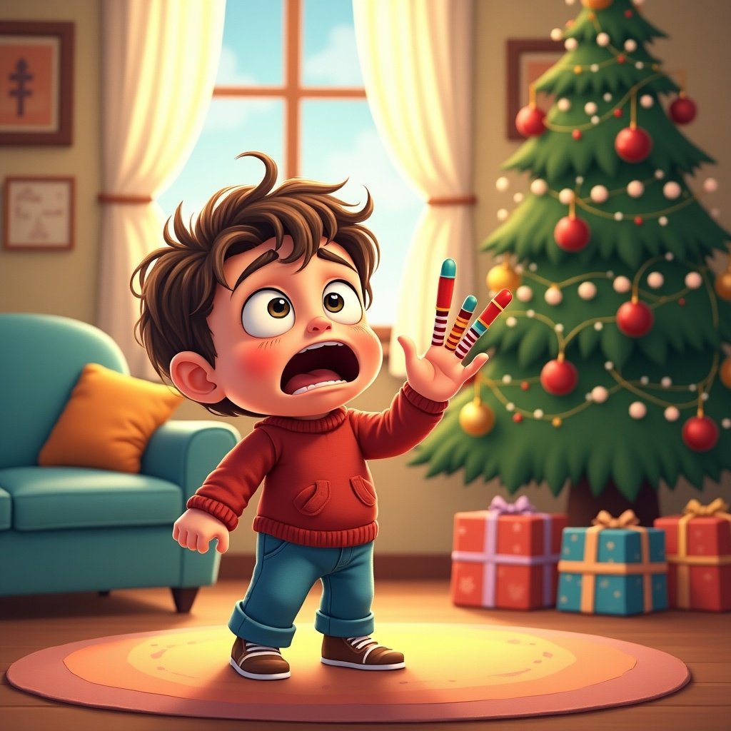 A shocked young boy stands in a cozy living room. He holds crayons in his hand and looks surprised. A decorated Christmas tree is in the background along with colorful present boxes. Sunlight adds warmth to the scene.