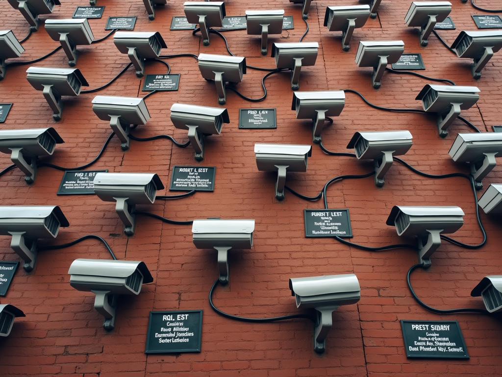 Multiple security cameras mounted on a brick wall, each paired with a different plaque, form a striking pattern.