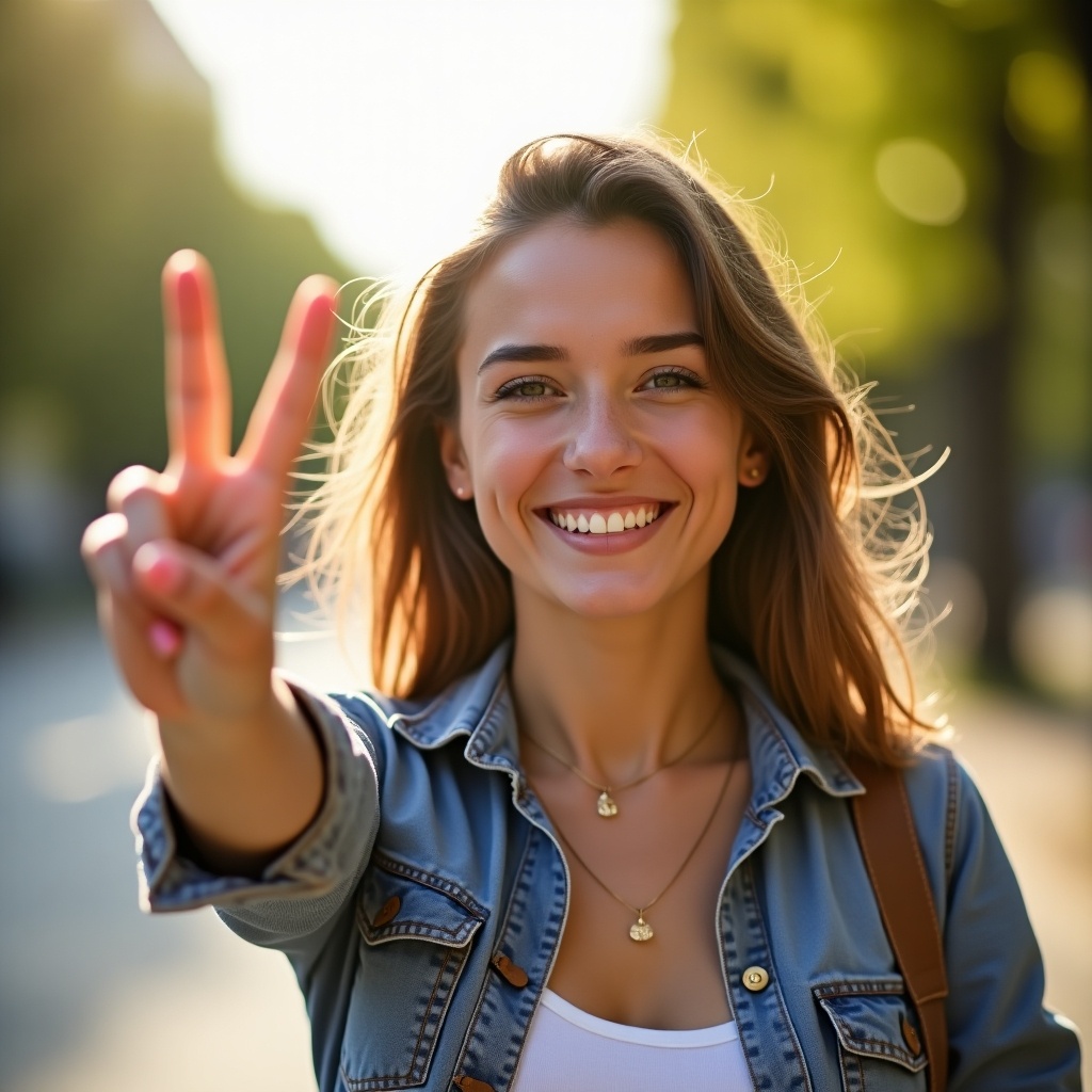 Woman is making a peace sign with her right hand outdoors. She smiles brightly. Her hair flows gently in the wind. Background is lush with greenery. The scene captures a peaceful and happy atmosphere.