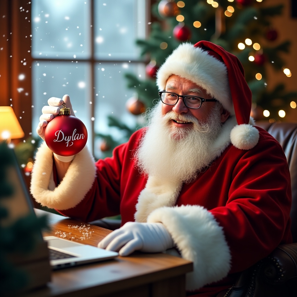 The image depicts Santa Claus joyfully sitting at his desk in a cozy room filled with holiday decorations. He is holding a red Christmas bauble with the name 'Dylan' written on it, emphasizing a personal touch. Snow gently falls outside the window, adding to the festive atmosphere. Santa's iconic red suit and warm smile convey a sense of joy and celebration. The scene is warmly lit, enhancing the feeling of holiday magic and cheer.