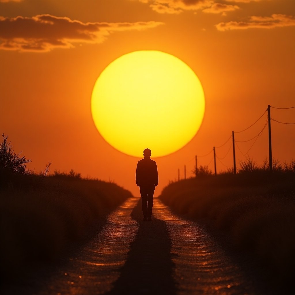 Person walking down dirt road towards giant setting sun framed by glowing sky evoking wonder and contemplation.