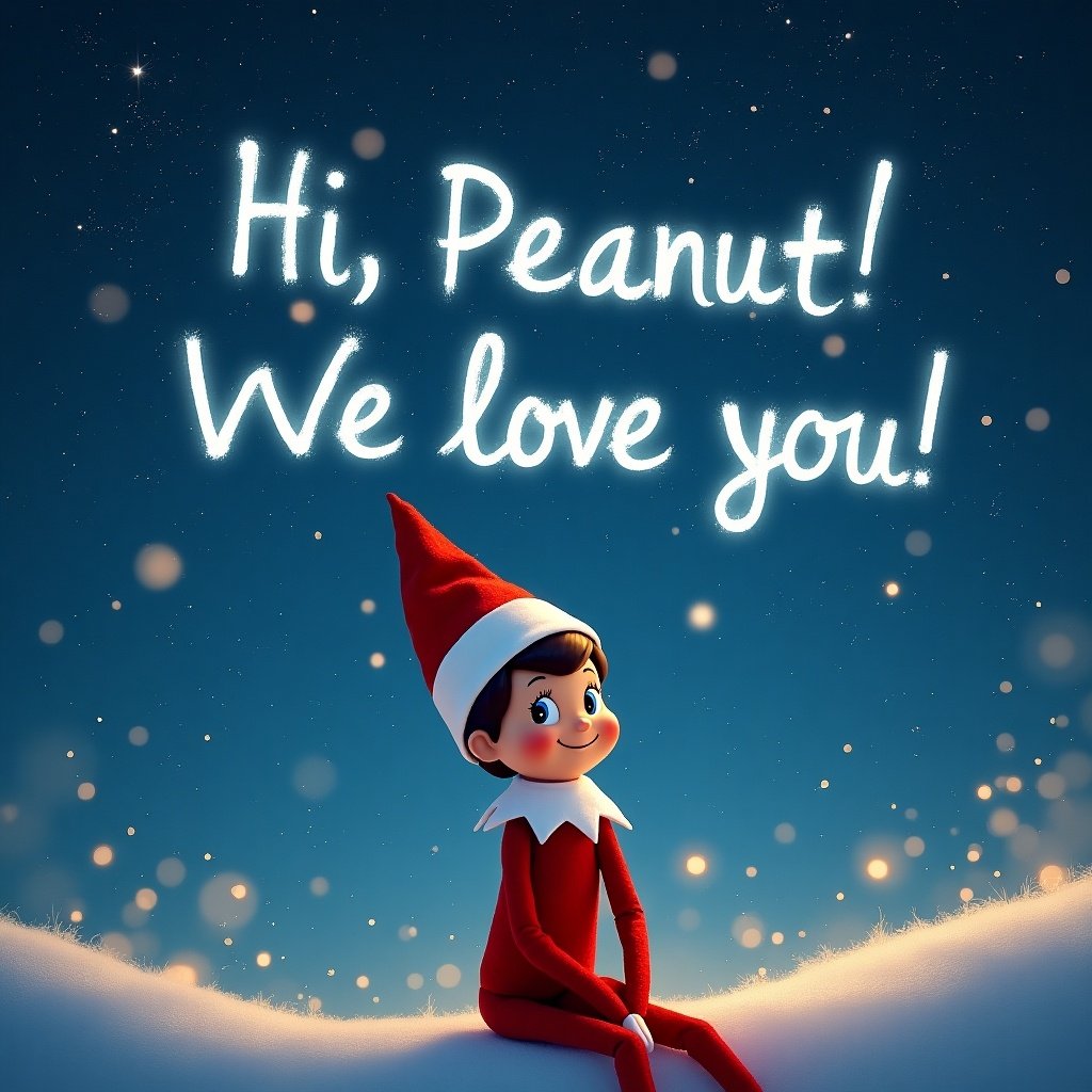 A whimsical elf on the shelf is featured in a wintery environment. The words Hi, Peanut! We love you! glow brightly in the night sky, adding a magical touch to the scene.