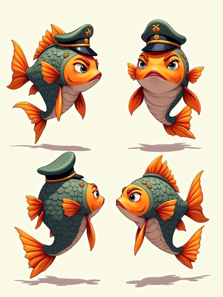 Different angles of a cartoon army fish in uniform. Fish appears grumpy. Bright colors dominate the image.