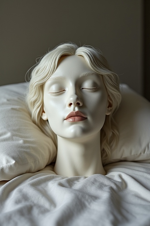 Disembodied female head placed on a pillow. The head is centered on soft bedding, illuminated by natural light. Minimalistic and serene setting suggests tranquility.