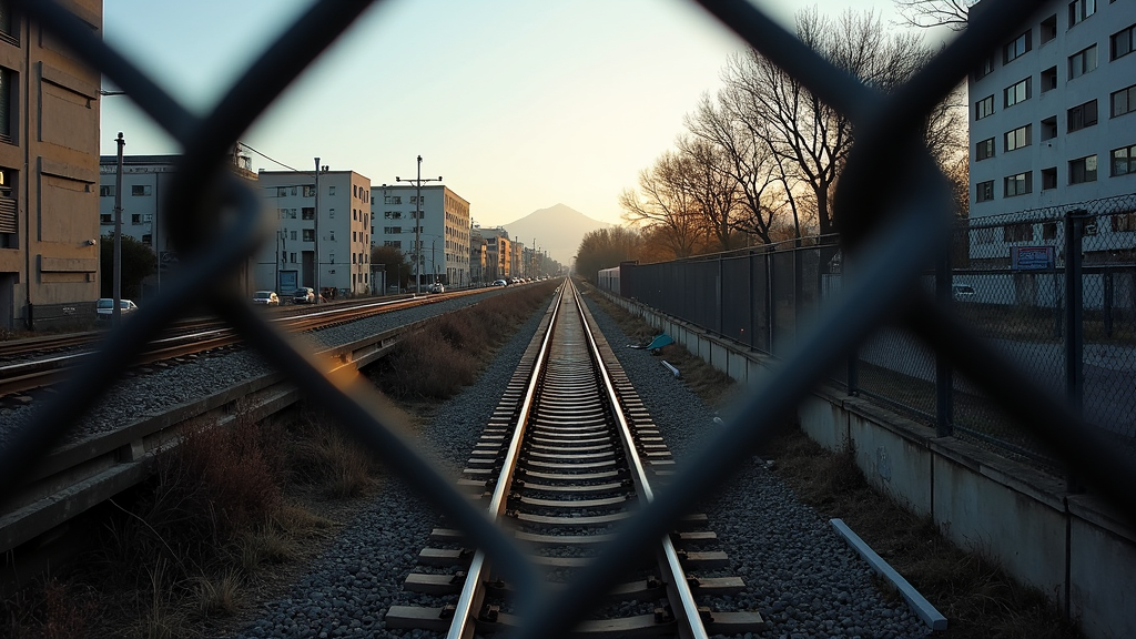 A railway track stretches into the distance, seen through a chain-link fence with a cityscape and mountain in the background.