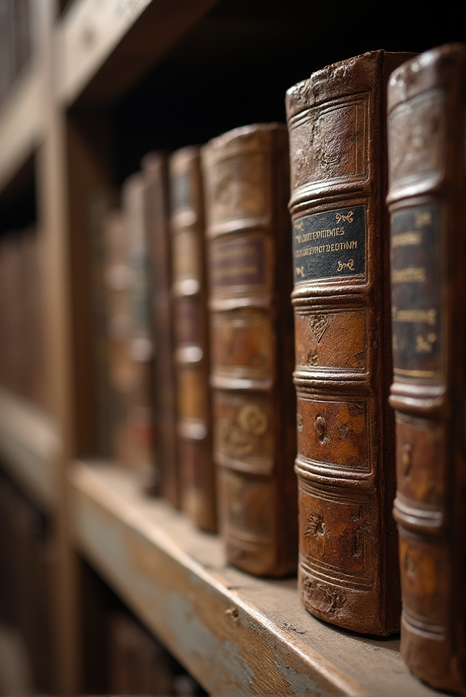 Old, leather-bound books lined up on a wooden bookshelf.