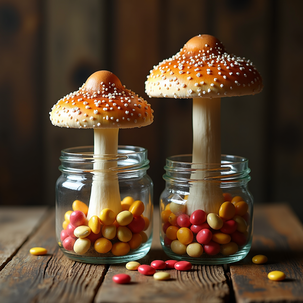 Two jars with large mushrooms sprouting from colorful candy-covered bases, creating a playful and imaginative scene.